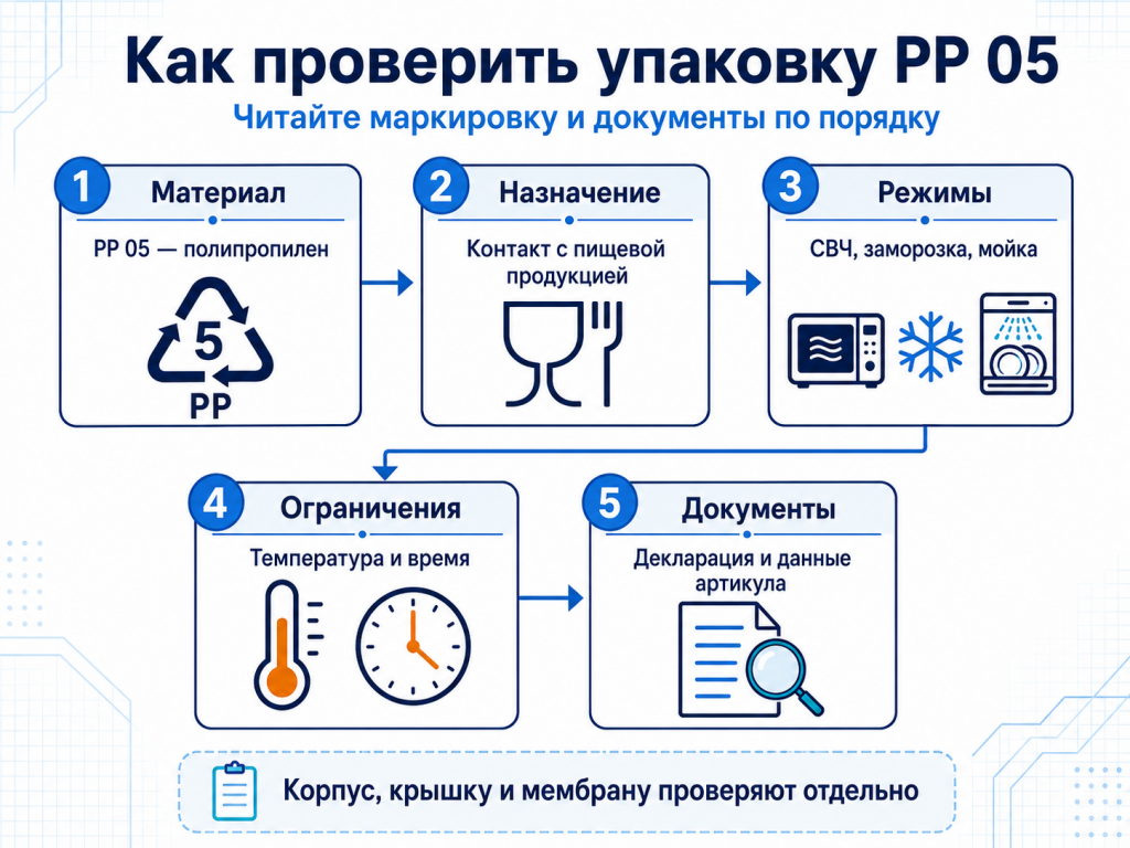 Блок о чтении маркировки.png Последовательность проверки упаковки PP 05 по материалу, назначению, режимам применения, ограничениям и документам